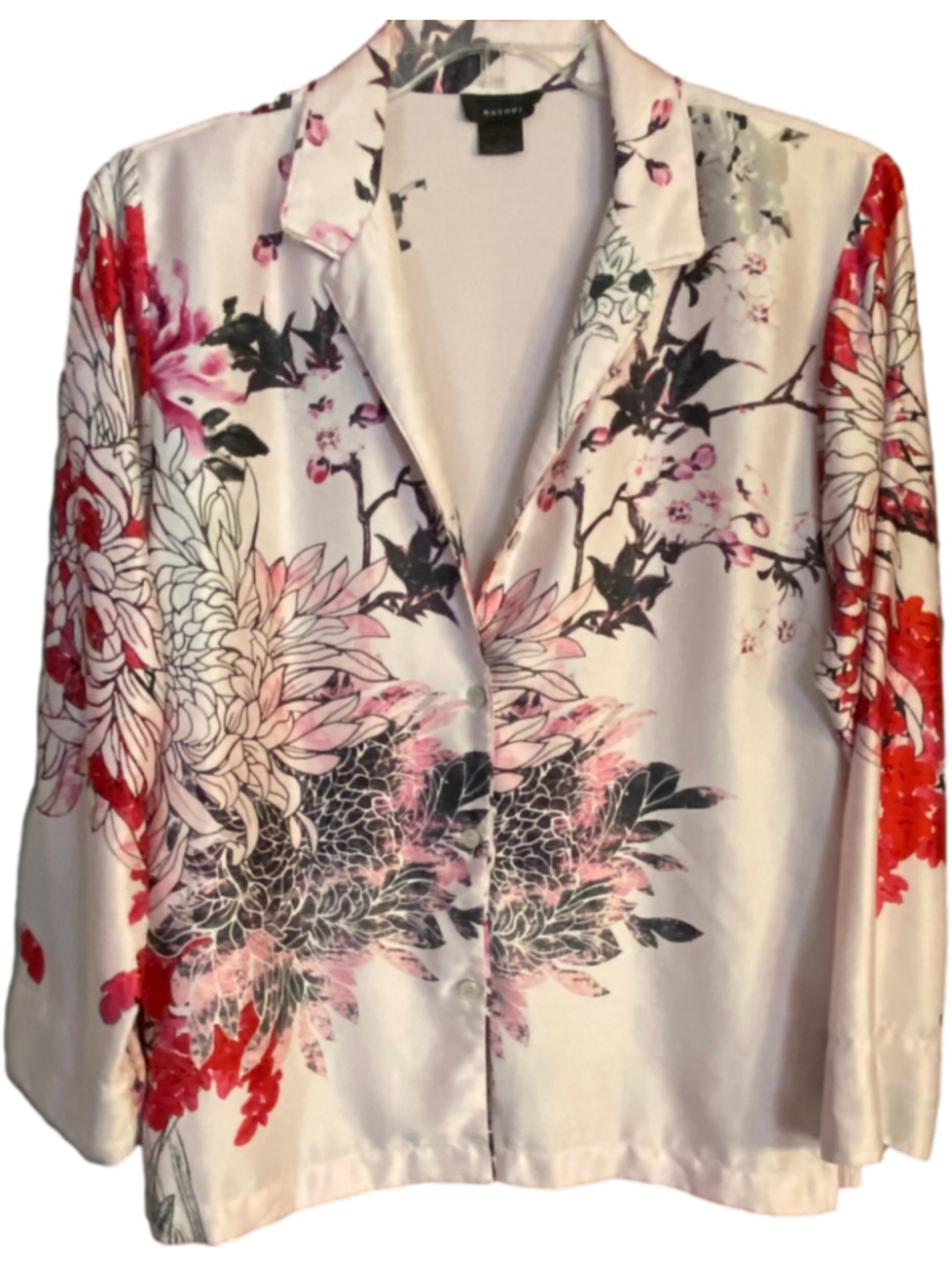 Natori Women's Medium Floral Satin Pajama Set Button Front Top Pants 2-Piece - Picture 3 of 16